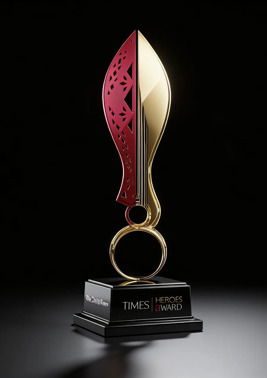 The Times100 Heroes Award trophy — a crimson and gold blade rising from a black plinth